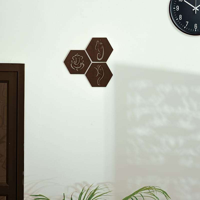 Tarini Gallery Wooden Ganesha Design Set of 3 Handcrafted Sculpture Wall Hanging Decorative Showpiece for Home Office Temple Yoga Meditation Décor and Gifting (Ganesh) - Image 2