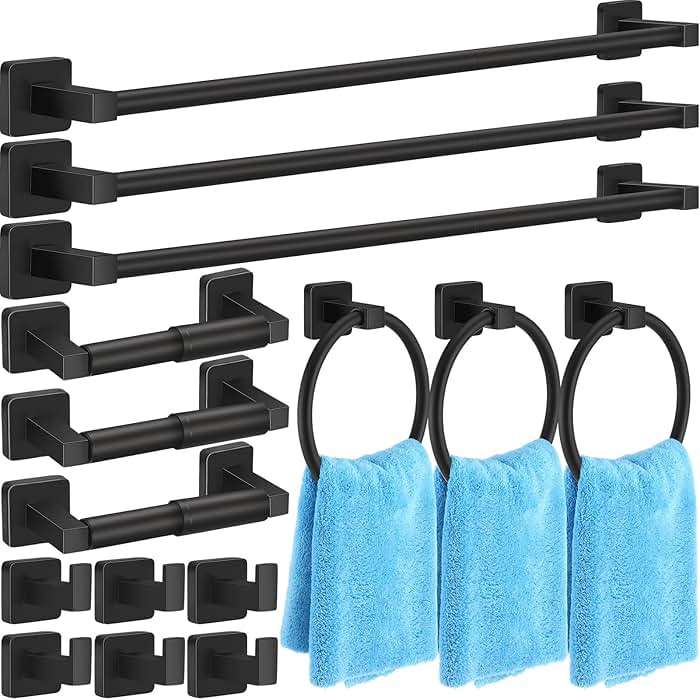 Gisafai 15 Pcs Matte Black Bathroom Hardware Set, Towel Bar Set Stainless Steel Bathroom Accessories 23.6/16 Inches Towel Bar Ring Robe Hooks Toilet Paper Holder Wall Mounted - Image 1
