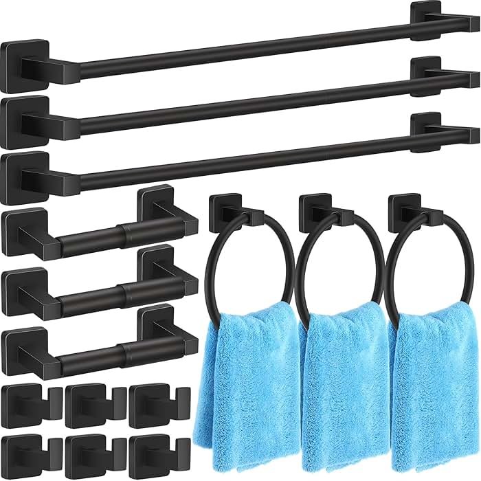Gisafai 15 Pcs Matte Black Bathroom Hardware Set, Towel Bar Set Stainless Steel Bathroom Accessories 23.6/16 Inches Towel Bar Ring Robe Hooks Toilet Paper Holder Wall Mounted - Product Image