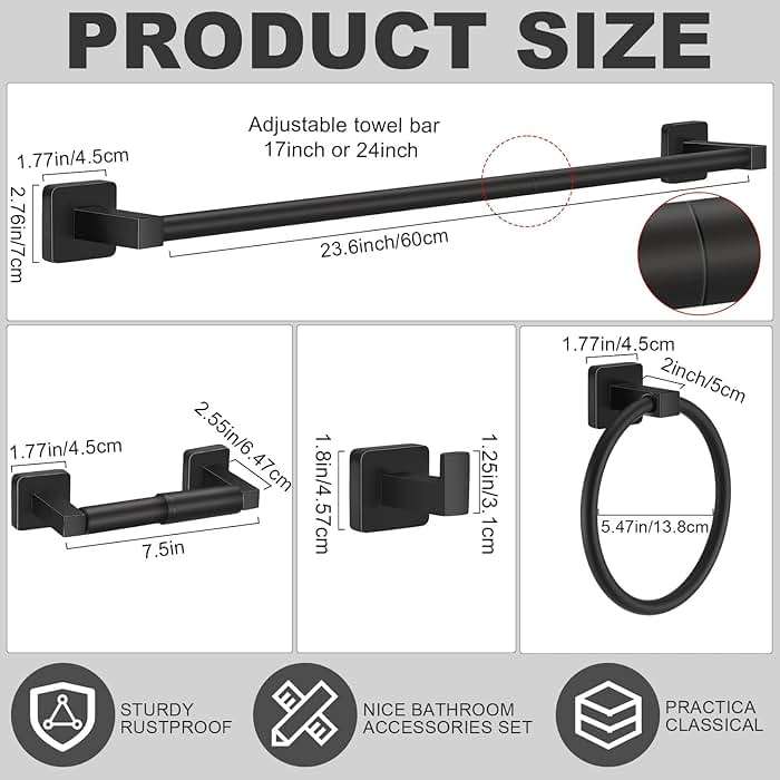 Gisafai 15 Pcs Matte Black Bathroom Hardware Set, Towel Bar Set Stainless Steel Bathroom Accessories 23.6/16 Inches Towel Bar Ring Robe Hooks Toilet Paper Holder Wall Mounted - Image 2