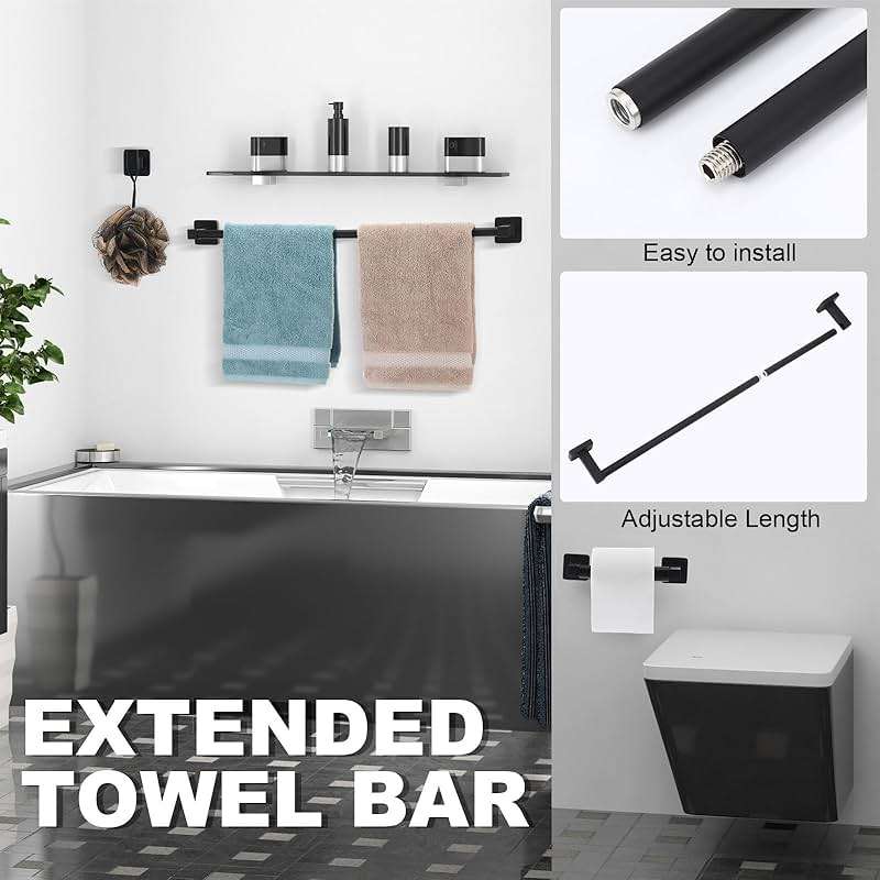 Gisafai 15 Pcs Matte Black Bathroom Hardware Set, Towel Bar Set Stainless Steel Bathroom Accessories 23.6/16 Inches Towel Bar Ring Robe Hooks Toilet Paper Holder Wall Mounted - Image 3