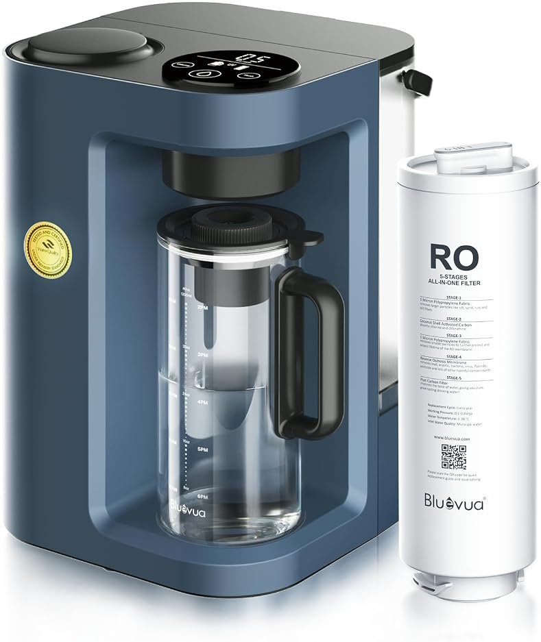 Bluevua RO100ROPOT-Lite Countertop Reverse Osmosis Water Filter System, 3:1 Pure to Drain Ratio, Portable RO Filtration with Remineralization, No Installation, WQA Certified, 7-Stage UV Blue - Product Image