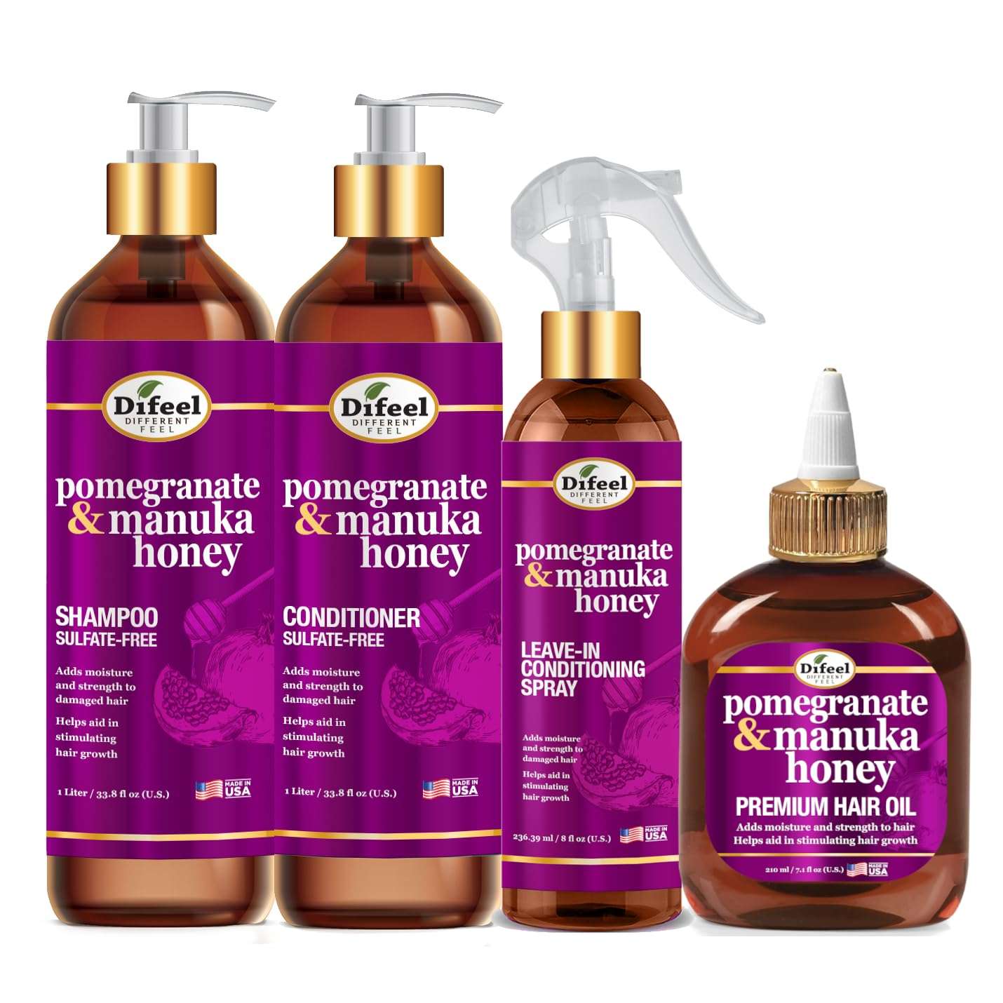 Difeel Pomegranate & Manuka Honey Shampoo & Conditioner 4-PC Set - Includes 33.8oz Shampoo, 33.8oz Conditioner, 8oz Leave in Spray and 7.1oz Hair Oil - Image 1