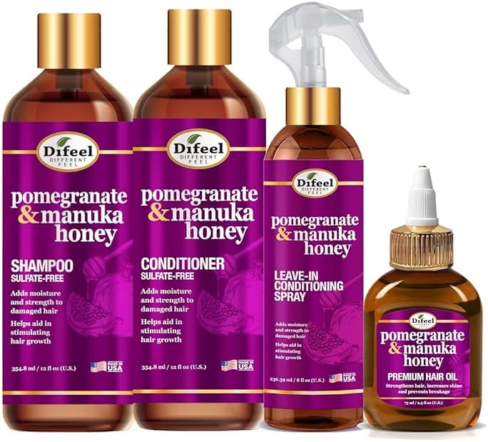Difeel Pomegranate & Manuka Honey Hair Care Set - 12oz Shampoo, 12oz Conditioner, 8oz Leave-in Spray, 2.5oz Hair Oil - Product Image