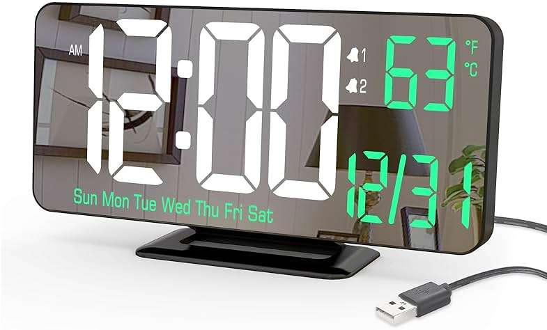 KOSUMOSU Desk Clock 6.7in Black Digital Alarm Clock with Dual Alarm, Dimming, Date, Day of Week, Temp, 12h 24h, Digital LED Clock for Table Decor, Digital Calendar Mirror Clocks Essentials - Image 1