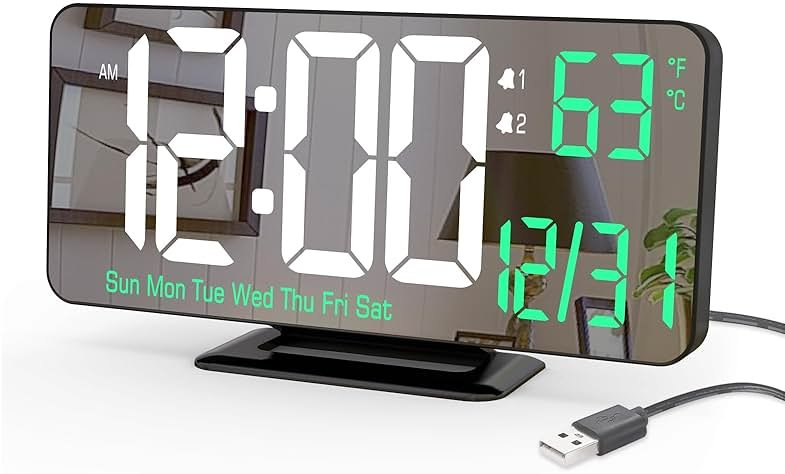 KOSUMOSU Desk Clock 6.7in Black Digital Alarm Clock with Dual Alarm, Dimming, Date, Day of Week, Temp, 12h 24h, Digital LED Clock for Table Decor, Digital Calendar Mirror Clocks Essentials - Product Image