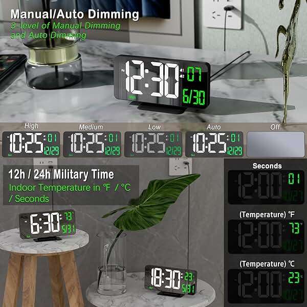 KOSUMOSU Desk Clock 6.7in Black Digital Alarm Clock with Dual Alarm, Dimming, Date, Day of Week, Temp, 12h 24h, Digital LED Clock for Table Decor, Digital Calendar Mirror Clocks Essentials - Image 2