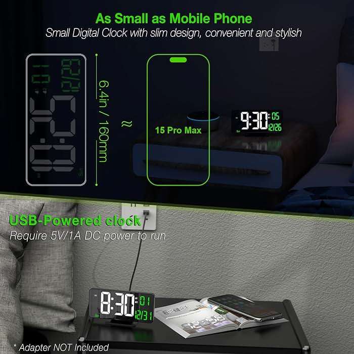 KOSUMOSU Desk Clock 6.7in Black Digital Alarm Clock with Dual Alarm, Dimming, Date, Day of Week, Temp, 12h 24h, Digital LED Clock for Table Decor, Digital Calendar Mirror Clocks Essentials - Image 3