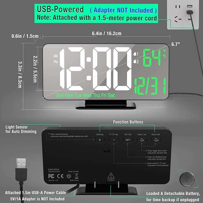KOSUMOSU Desk Clock 6.7in Black Digital Alarm Clock with Dual Alarm, Dimming, Date, Day of Week, Temp, 12h 24h, Digital LED Clock for Table Decor, Digital Calendar Mirror Clocks Essentials - Image 5