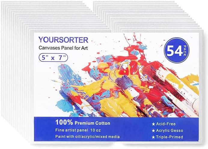 54 Pack 5x7 Inch Canvas Boards for Painting Bulk, Kids Art Novices Blank Painting Canvases, Gesso Primed Acid-Free 100% Cotton Canvas Panels for Acrylic Oil Watercolor Tempera Paint - Product Image