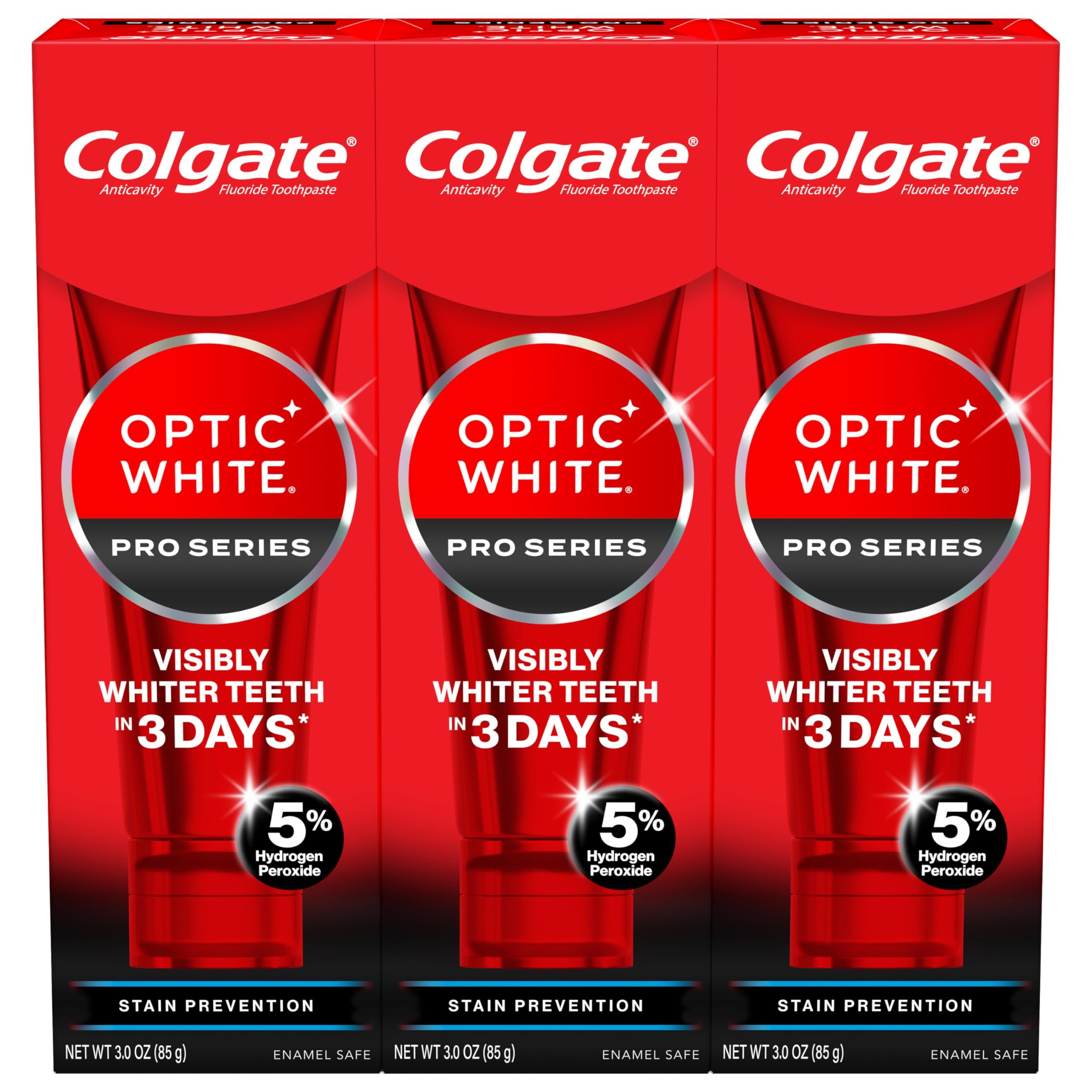 Colgate Optic White Pro Series Stain Prevention Hydrogen Peroxide Toothpaste, Teeth Whitening Toothpaste, Effectively Removes Tea, Coffee, and Wine Stains, Enamel-Safe for Daily Use, 3 Pack, 3.0 oz - Product Image