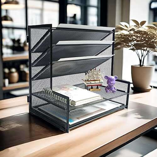 SETTFRFE Metal Desktop File Holder Organizer with 5 Tier Paper Tray, Office Supplies Desk Organizer, Black - Image 5