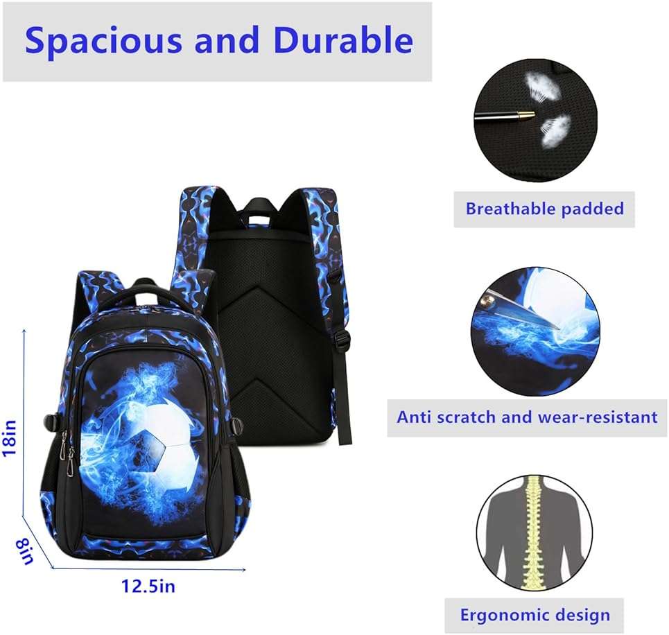 mezhsa Boys Backpack Kids Bookbag Durable Elementary Middle School Bags Soccer 18in (X-Blue) - Image 3