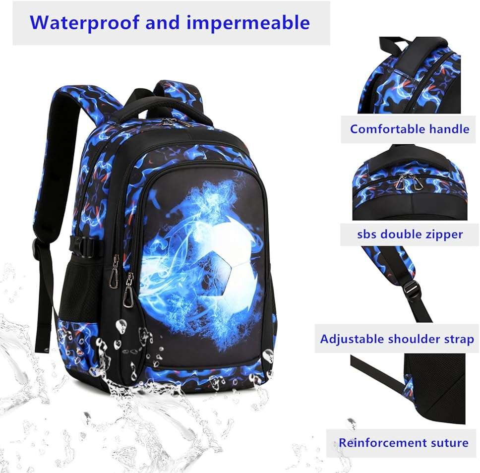mezhsa Boys Backpack Kids Bookbag Durable Elementary Middle School Bags Soccer 18in (X-Blue) - Image 4