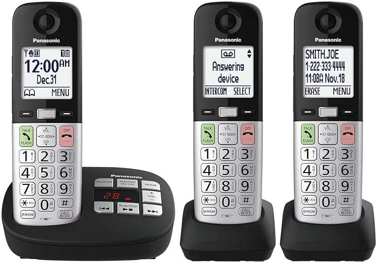 Panasonic Cordless Phone, Easy to Use with Large Display & Big Buttons, Flashing Favorites Key, Flashlight, Call Block, Volume Boost, Talking Caller ID, House Phones, 3 Handsets - KX-TGU433B - Image 1