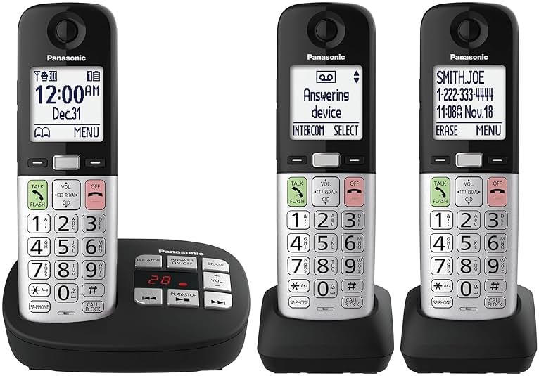 Panasonic Cordless Phone, Easy to Use with Large Display & Big Buttons, Flashing Favorites Key, Flashlight, Call Block, Volume Boost, Talking Caller ID, House Phones, 3 Handsets - KX-TGU433B - Product Image