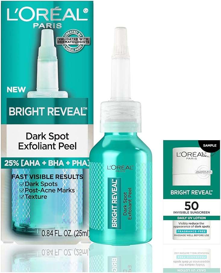 L'Oreal Paris Bright Reveal Dark Spot Exfoliant Peel, 25% AHA BHA PHA Face Exfoliator Solution, Gentle Skincare to Visibly Reduce Dark Spots and Renew Skin Texture, Includes SPF Lotion Sample - Image 1