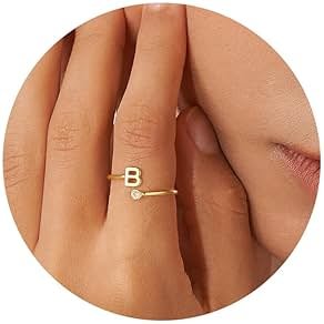 Turandoss Initial Rings for Women Teen Girls - Non Tarnish Dainty 14K Gold Plated Adjustable Letter Rings, Stackable Cute Thumb Pinky Fashion Unique Open Simple Birthday Gifts Jewelry - Product Image
