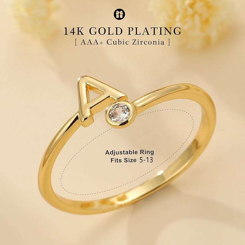 Turandoss Initial Rings for Women Teen Girls - Non Tarnish Dainty 14K Gold Plated Adjustable Letter Rings, Stackable Cute Thumb Pinky Fashion Unique Open Simple Birthday Gifts Jewelry - Image 2