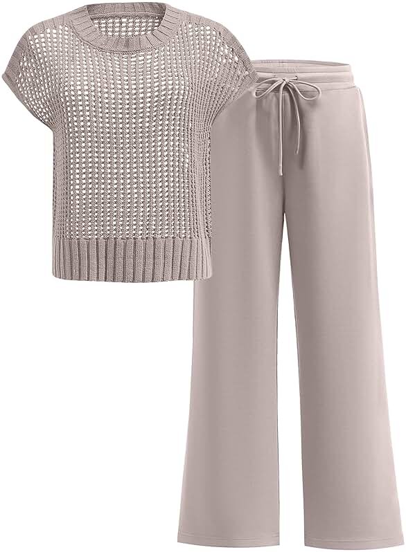 ANRABESS Women Two Piece Outfits Crochet Sheer Knit Sweater Top Wide Leg Pants Lounge Matching Sets Sweatsuit Travel Clothes - Product Image