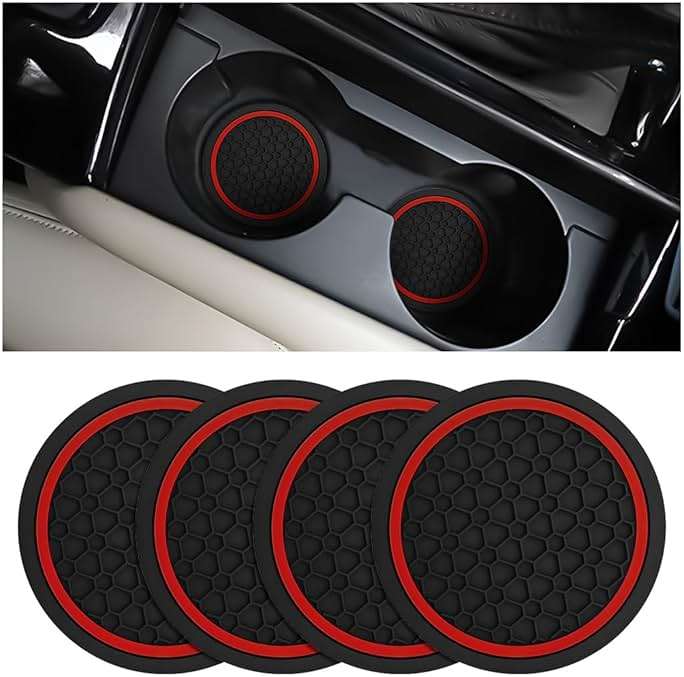 Mandark 4PCS Car Cup Holder Coasters, 2.75 Inch Non-Slip Insert Water Bottle Holder Pads, Dustproof Automotive Interior Accessories Mat, Universal for Vehicles, Trucks, RVs and More(Black/Red) - Image 1