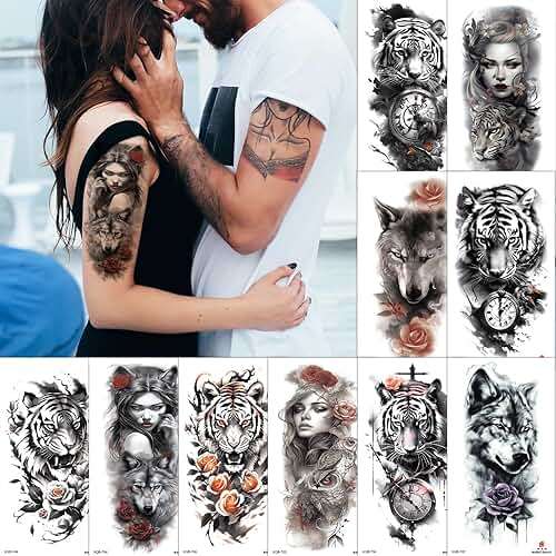 Aivoch Aivoch 10 Sheets Realistic Animals Temporary Tattoo for Men Women Adults, Wolf Tiger Rose Tattoos Stickers, Flowers Fake Tattoo Stickers, Body Art Half Arm Sleeve Tattoos (Animals) - Image 1
