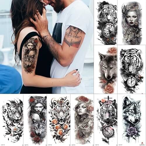 Aivoch Aivoch 10 Sheets Realistic Animals Temporary Tattoo for Men Women Adults, Wolf Tiger Rose Tattoos Stickers, Flowers Fake Tattoo Stickers, Body Art Half Arm Sleeve Tattoos (Animals) - Product Image
