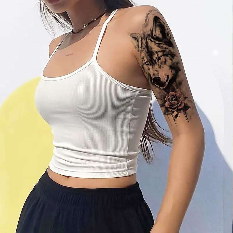 Aivoch Aivoch 10 Sheets Realistic Animals Temporary Tattoo for Men Women Adults, Wolf Tiger Rose Tattoos Stickers, Flowers Fake Tattoo Stickers, Body Art Half Arm Sleeve Tattoos (Animals) - Image 2