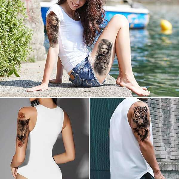 Aivoch Aivoch 10 Sheets Realistic Animals Temporary Tattoo for Men Women Adults, Wolf Tiger Rose Tattoos Stickers, Flowers Fake Tattoo Stickers, Body Art Half Arm Sleeve Tattoos (Animals) - Image 3