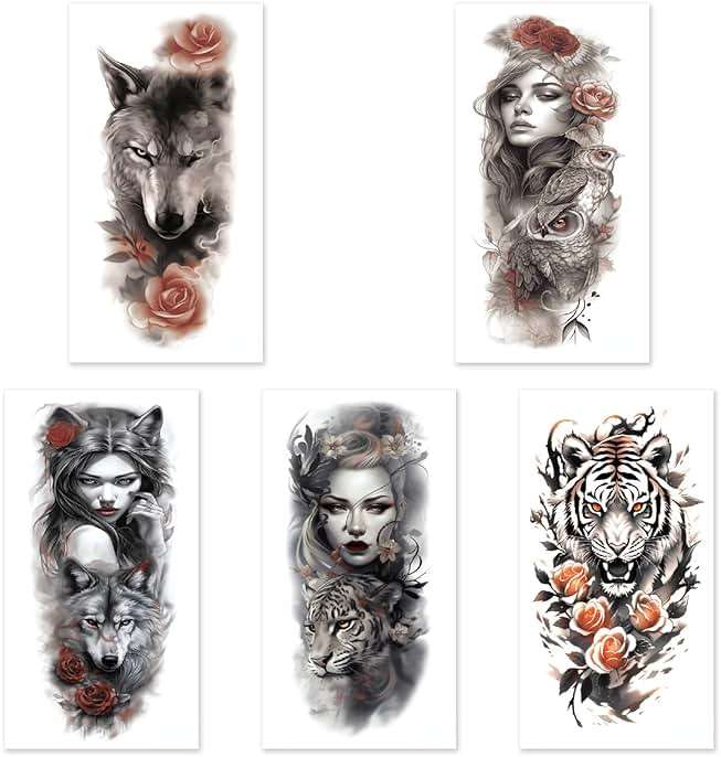 Aivoch Aivoch 10 Sheets Realistic Animals Temporary Tattoo for Men Women Adults, Wolf Tiger Rose Tattoos Stickers, Flowers Fake Tattoo Stickers, Body Art Half Arm Sleeve Tattoos (Animals) - Image 8