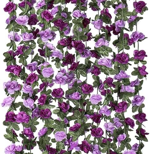 KHOYIME 9 Pack 72 FT Artificial Flower Garland, Fake Purple Roses Vines Silk Flowers Faux Plastic Outdoor Hanging Floral Ivy Garland Decoration for Wedding Arch Bedroom Home Wall Backdrop Room Decor - Product Image
