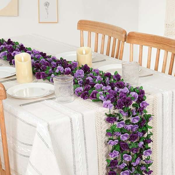 KHOYIME 9 Pack 72 FT Artificial Flower Garland, Fake Purple Roses Vines Silk Flowers Faux Plastic Outdoor Hanging Floral Ivy Garland Decoration for Wedding Arch Bedroom Home Wall Backdrop Room Decor - Image 2