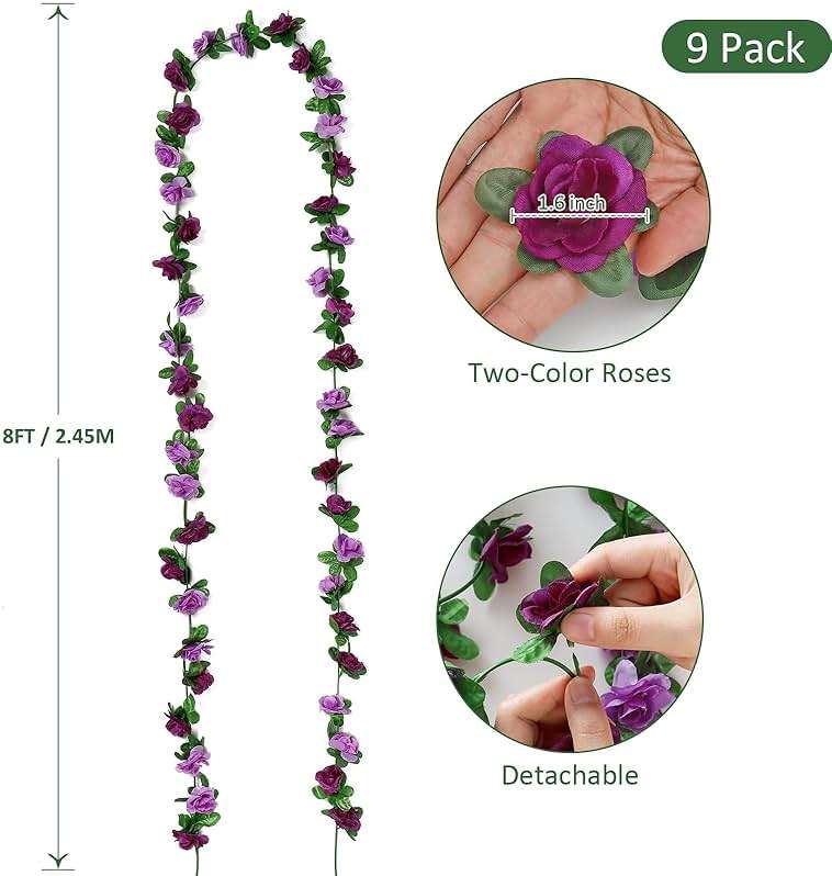 KHOYIME 9 Pack 72 FT Artificial Flower Garland, Fake Purple Roses Vines Silk Flowers Faux Plastic Outdoor Hanging Floral Ivy Garland Decoration for Wedding Arch Bedroom Home Wall Backdrop Room Decor - Image 3