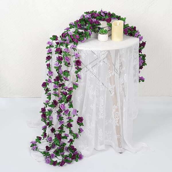 KHOYIME 9 Pack 72 FT Artificial Flower Garland, Fake Purple Roses Vines Silk Flowers Faux Plastic Outdoor Hanging Floral Ivy Garland Decoration for Wedding Arch Bedroom Home Wall Backdrop Room Decor - Image 4