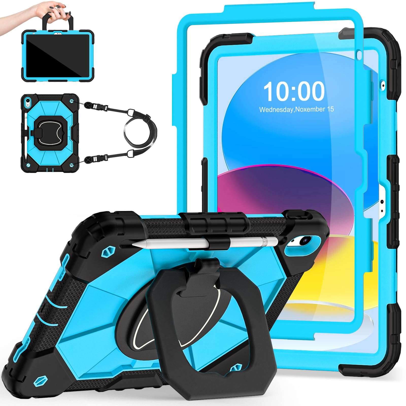 Auizotl Case for iPad (A16)11th /10th Generation 11/10.9 Inch 2025/2022 with Screen Protector Rotating Stand Shoulder Strap Pencil Holder,Military Grade Shockproof iPad Case 10th Generation,Black Blue - Image 1