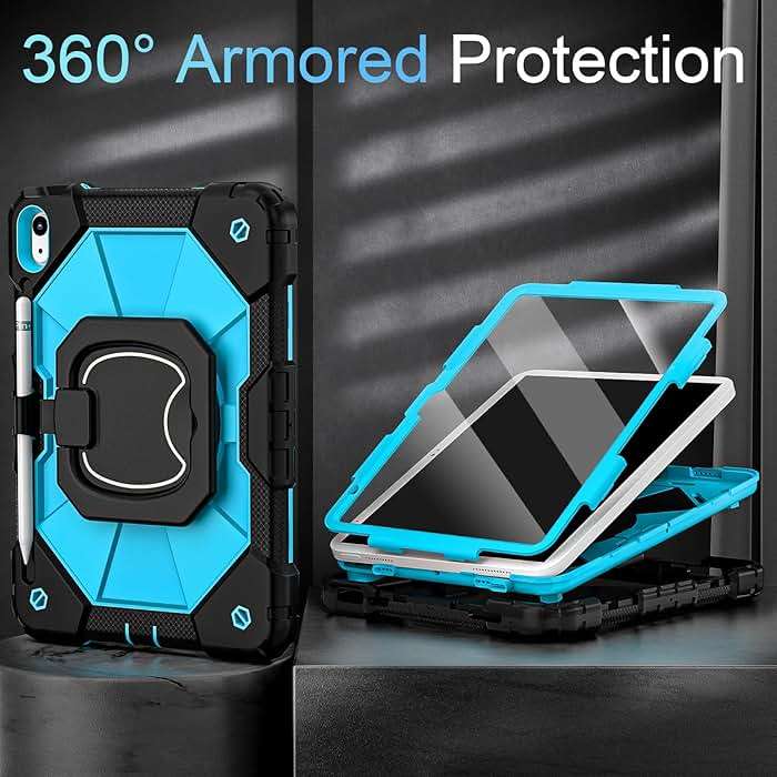 Auizotl Case for iPad (A16)11th /10th Generation 11/10.9 Inch 2025/2022 with Screen Protector Rotating Stand Shoulder Strap Pencil Holder,Military Grade Shockproof iPad Case 10th Generation,Black Blue - Image 2