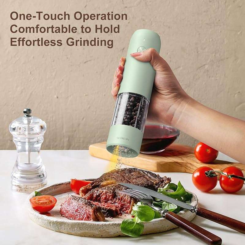 Ultrean Pepper Grinder, Rechargeable Salt and Pepper Grinder with 6 Adjustable Coarseness, LED Light, One-Hand Automatic Operation, Green - Image 3