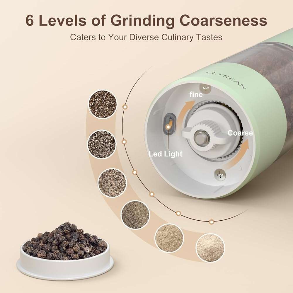 Ultrean Pepper Grinder, Rechargeable Salt and Pepper Grinder with 6 Adjustable Coarseness, LED Light, One-Hand Automatic Operation, Green - Image 4