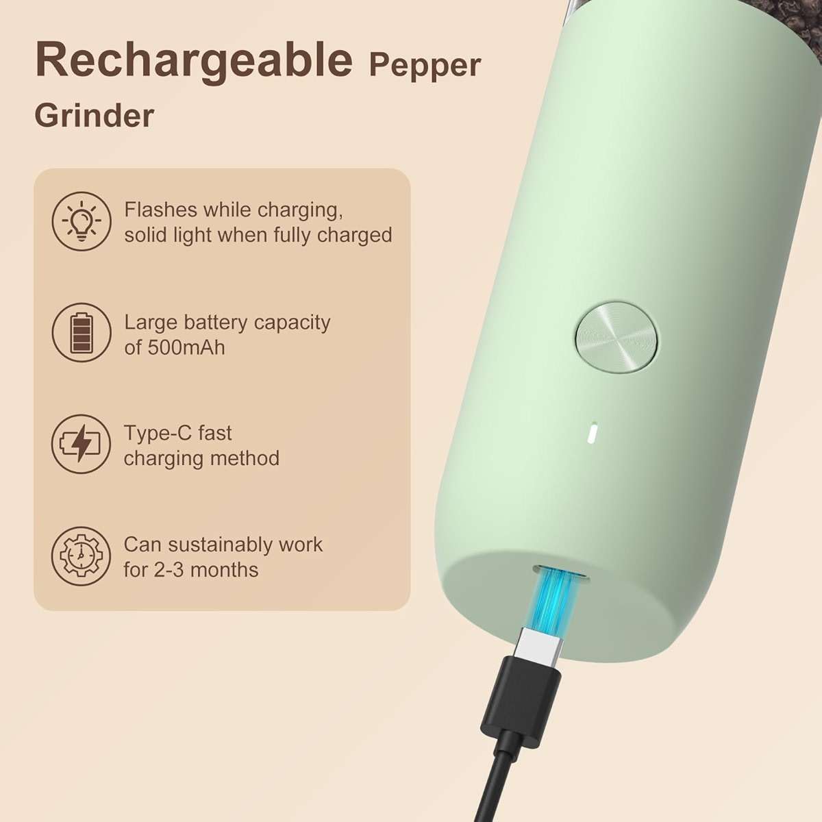 Ultrean Pepper Grinder, Rechargeable Salt and Pepper Grinder with 6 Adjustable Coarseness, LED Light, One-Hand Automatic Operation, Green - Image 5