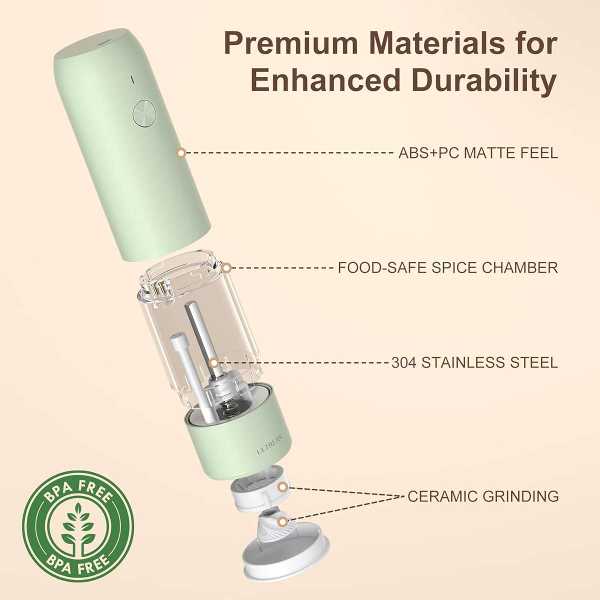 Ultrean Pepper Grinder, Rechargeable Salt and Pepper Grinder with 6 Adjustable Coarseness, LED Light, One-Hand Automatic Operation, Green - Image 6