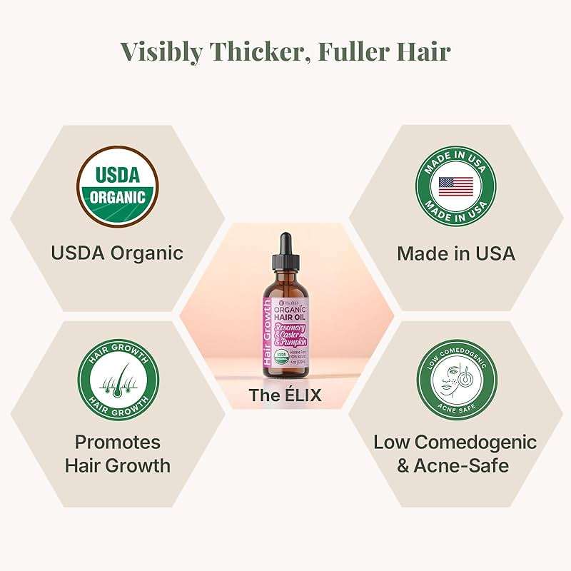 The ÉLIX USDA Organic Rosemary Oil for Hair Growth | Thickening Formula with Castor & Pumpkin Seed | for Hair Loss & Thinning | Made in USA | 4oz - Image 2