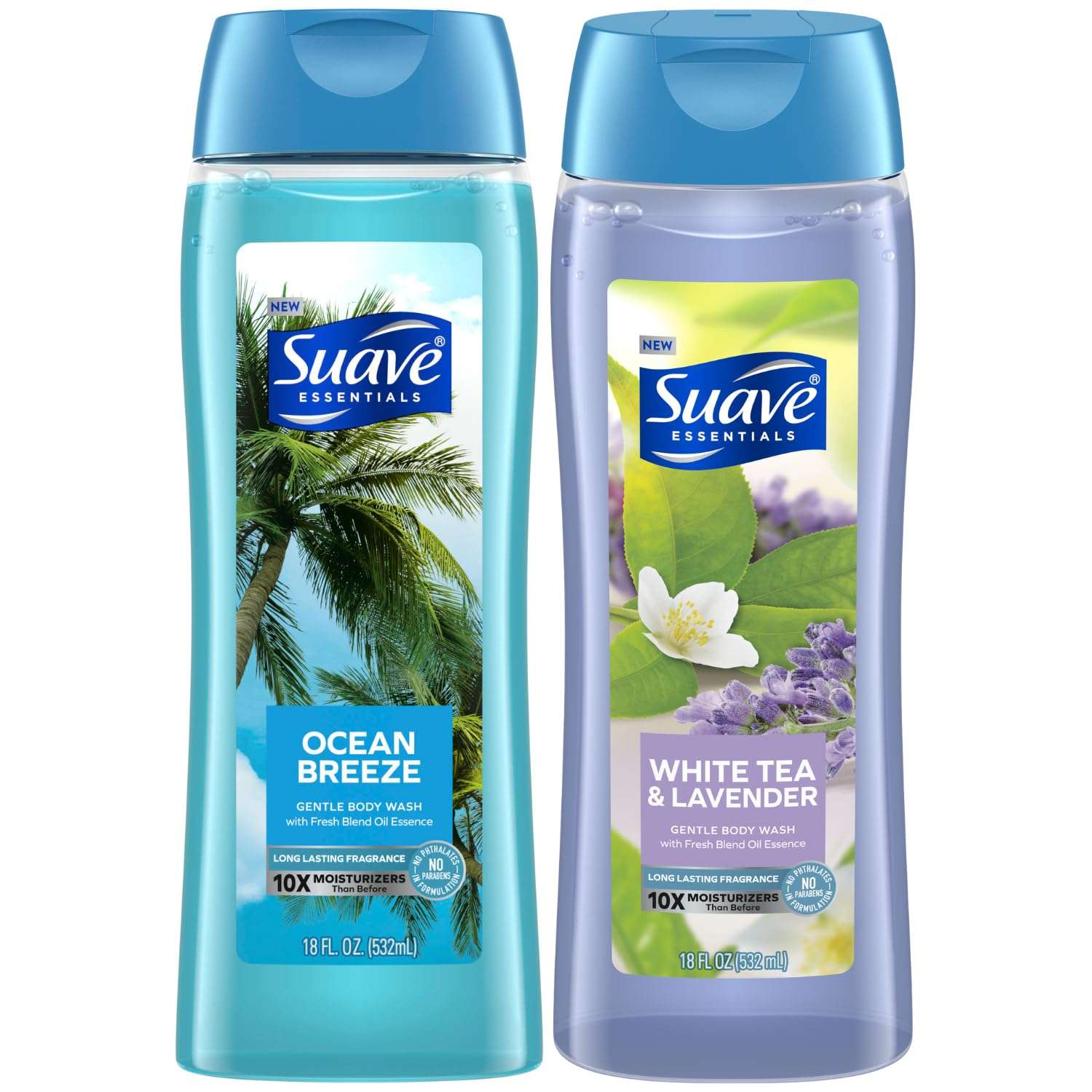 Suave Body Wash Variety 2-Pack, Ocean Breeze + White Tea & Lavender – Gentle Body Washes with Fresh Blend Oil Essence, 18 Oz Ea - Image 1