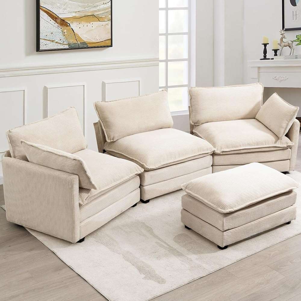 ROWHY Oversized Modular Sectional Sofa with Movable Ottoman, 112 Inch 4 Seat Modern Corduroy Sofa Set, Convertible L Shaped Couch for Living Room and Office, Beige - Image 3
