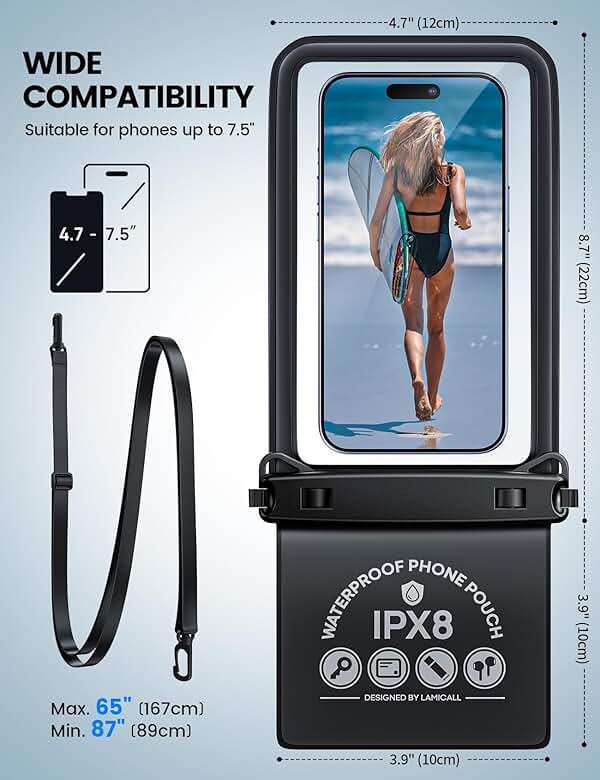 Lamicall Double Pocket Waterproof Phone Pouch - IPX8 Dry Bag - Privacy Storage for Card & Key - Cruise Ship, Beach Essentials for iPhone 17 16 15 14 13 Pro Max, Galaxy S25, for Bulky Cases up to 7.5" - Image 4