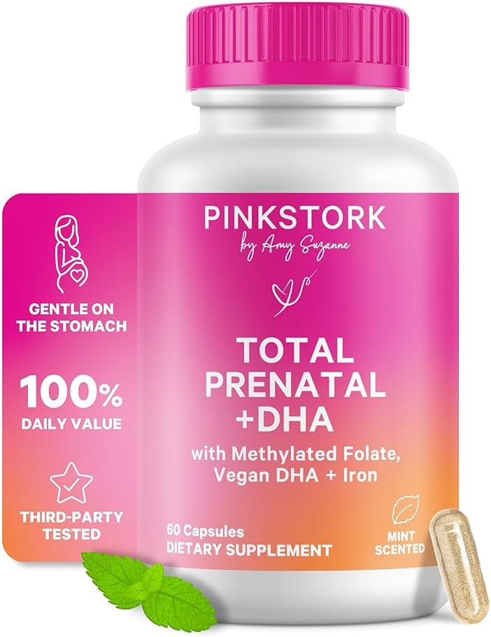 Pink Stork Total Prenatal Vitamins for Women | Vegan DHA, Methylfolate, Iron, Choline, Vitamin B12 | Preconception Nutrition | No Fishy Burps | Pregnancy Essentials | Clean Label Award, 60 Count, Mint - Product Image