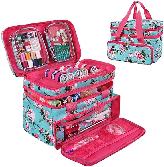 SINGER Sewing Accessories Organizer (Bag Only) – Double Layer Portable Sewing Storage Bag | 2 Detachable Pouches and 18 Compartments, Large Sewing Supplies & Crafting Carry-All (Turquoise Floral) - Product Image