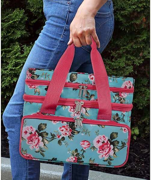 SINGER Sewing Accessories Organizer (Bag Only) – Double Layer Portable Sewing Storage Bag | 2 Detachable Pouches and 18 Compartments, Large Sewing Supplies & Crafting Carry-All (Turquoise Floral) - Image 2