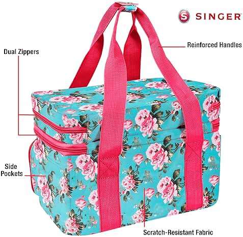 SINGER Sewing Accessories Organizer (Bag Only) – Double Layer Portable Sewing Storage Bag | 2 Detachable Pouches and 18 Compartments, Large Sewing Supplies & Crafting Carry-All (Turquoise Floral) - Image 3