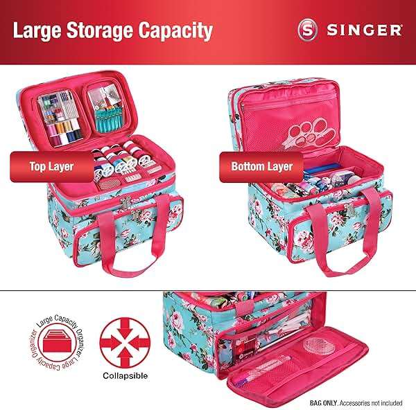 SINGER Sewing Accessories Organizer (Bag Only) – Double Layer Portable Sewing Storage Bag | 2 Detachable Pouches and 18 Compartments, Large Sewing Supplies & Crafting Carry-All (Turquoise Floral) - Image 4