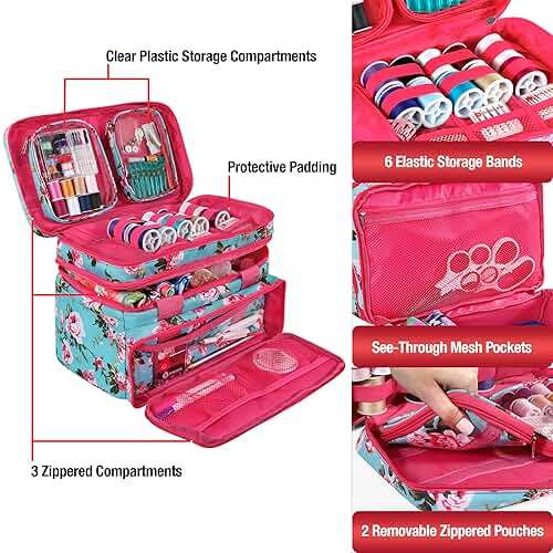 SINGER Sewing Accessories Organizer (Bag Only) – Double Layer Portable Sewing Storage Bag | 2 Detachable Pouches and 18 Compartments, Large Sewing Supplies & Crafting Carry-All (Turquoise Floral) - Image 6